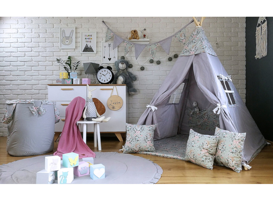 Dětský stan TEEPEE (TÝPÍ) SRNEČKY s doplňky - šedý