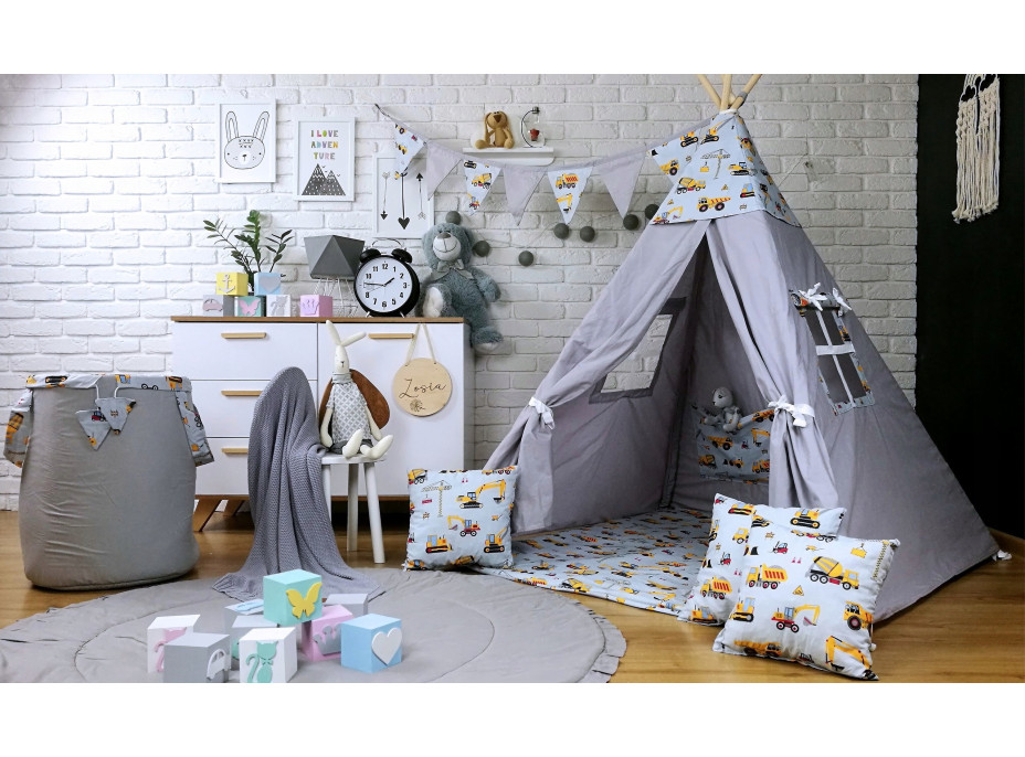 Dětský stan TEEPEE (TÝPÍ) STAVEBNÍ TECHNIKA s doplňky - šedý/bílý