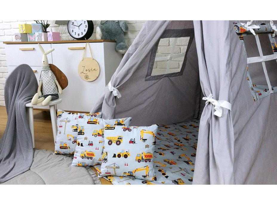 Dětský stan TEEPEE (TÝPÍ) STAVEBNÍ TECHNIKA s doplňky - šedý/bílý
