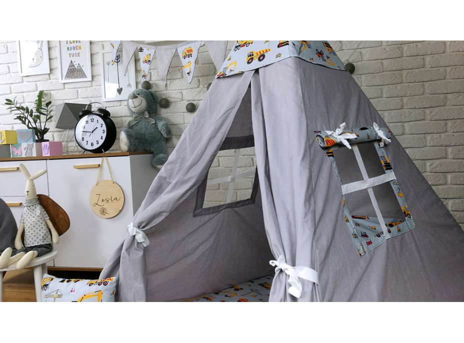 Dětský stan TEEPEE (TÝPÍ) STAVEBNÍ TECHNIKA s doplňky - šedý/bílý