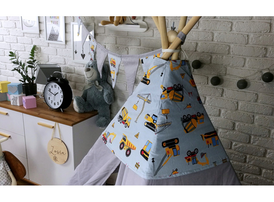 Dětský stan TEEPEE (TÝPÍ) STAVEBNÍ TECHNIKA s doplňky - šedý/bílý