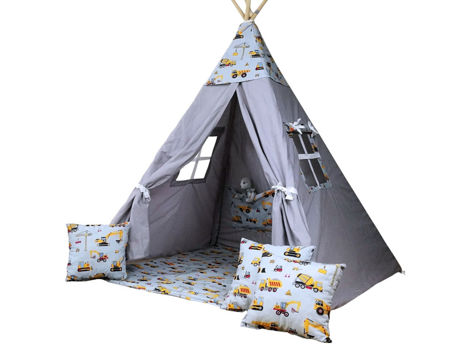 Dětský stan TEEPEE (TÝPÍ) STAVEBNÍ TECHNIKA s doplňky - šedý/bílý