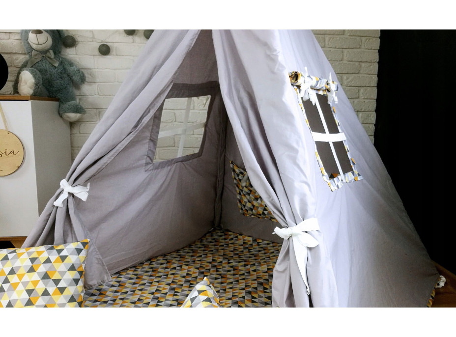 Dětský stan TEEPEE (TÝPÍ) TROJÚHELNÍČKY s doplňky - šedý/žlutý