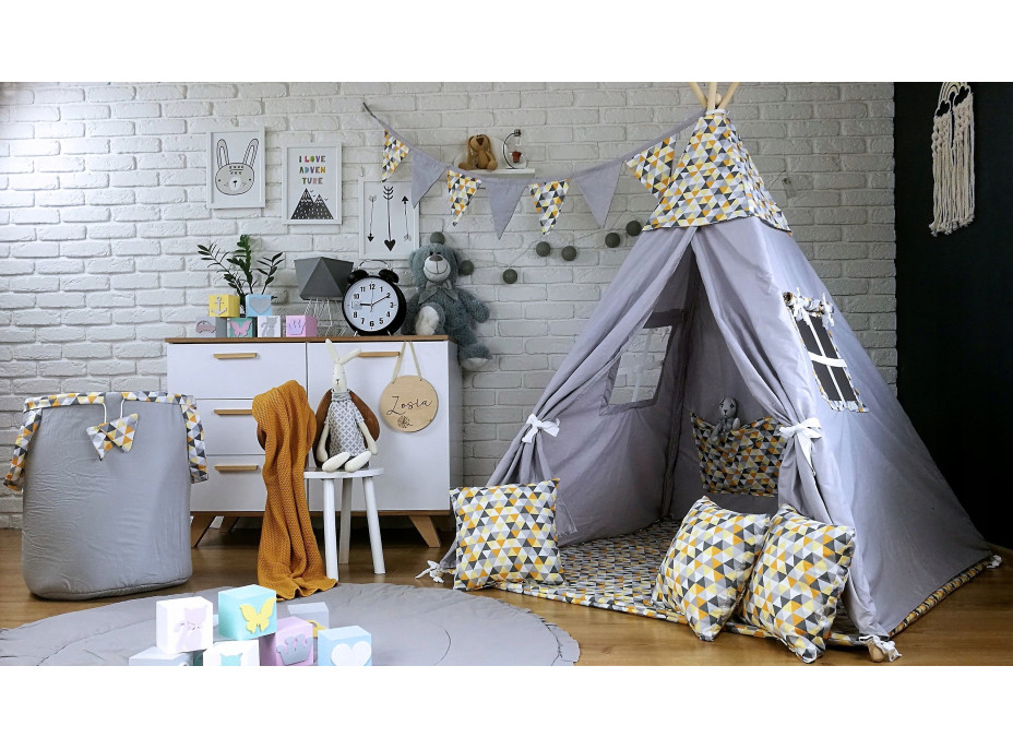 Dětský stan TEEPEE (TÝPÍ) TROJÚHELNÍČKY s doplňky - šedý/žlutý