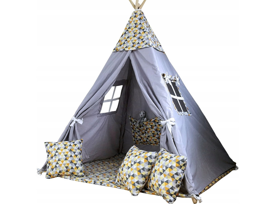 Dětský stan TEEPEE (TÝPÍ) TROJÚHELNÍČKY s doplňky - šedý/žlutý
