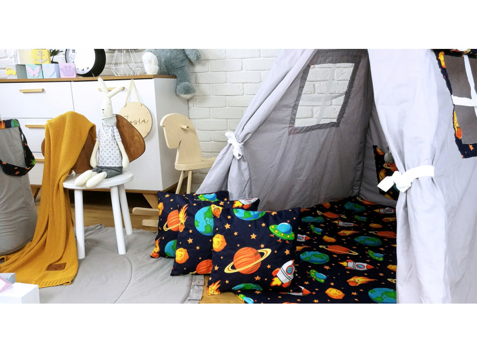 Dětský stan TEEPEE (TÝPÍ) VESMÍR s doplňky - šedý/tmavě modrý