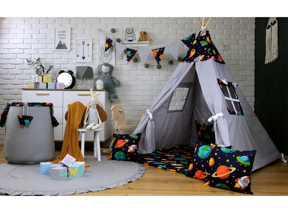 Dětský stan TEEPEE (TÝPÍ) VESMÍR s doplňky - šedý/tmavě modrý
