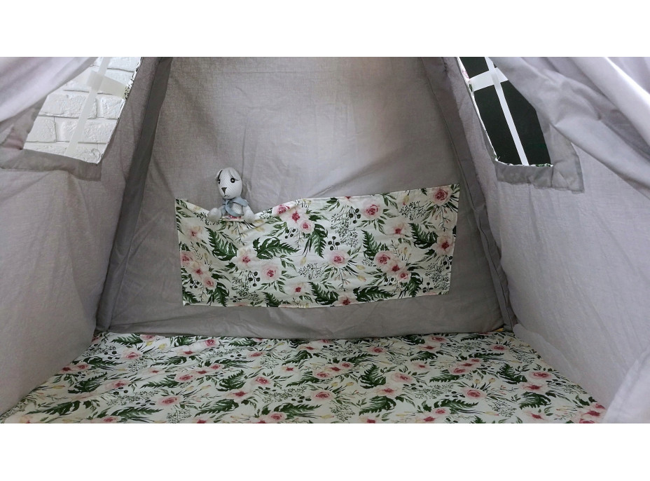Dětský stan TEEPEE (TÝPÍ) ZAHRADA s doplňky - šedý/bílý