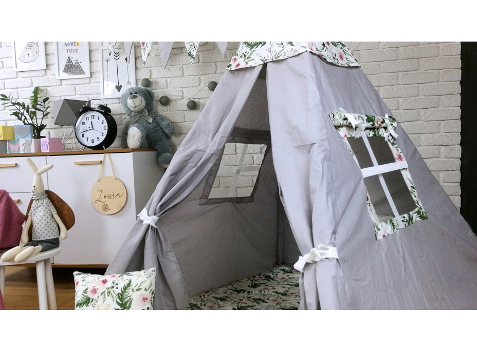 Dětský stan TEEPEE (TÝPÍ) ZAHRADA s doplňky - šedý/bílý
