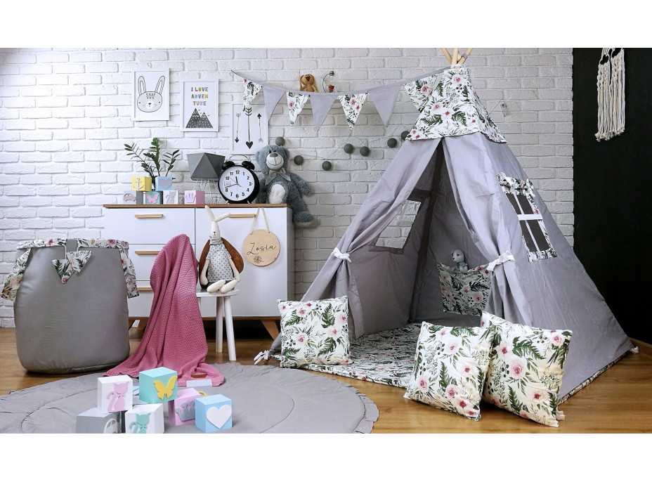 Dětský stan TEEPEE (TÝPÍ) ZAHRADA s doplňky - šedý/bílý