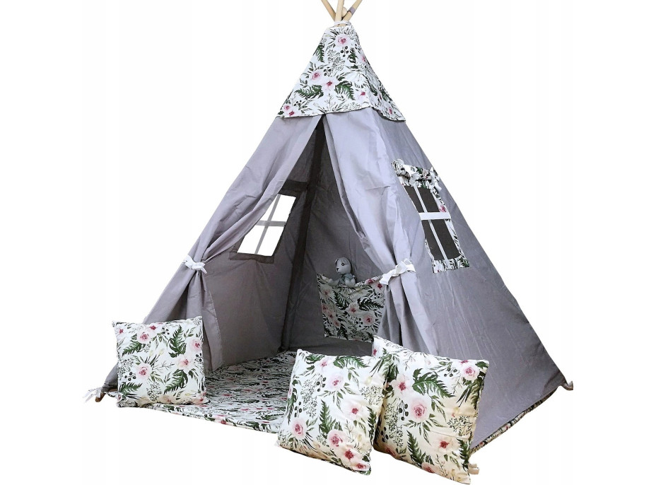 Dětský stan TEEPEE (TÝPÍ) ZAHRADA s doplňky - šedý/bílý