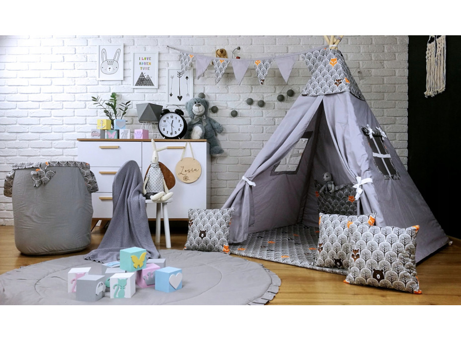 Dětský stan TEEPEE (TÝPÍ) ZIMNÍ ZVÍŘÁTKA s doplňky - šedý