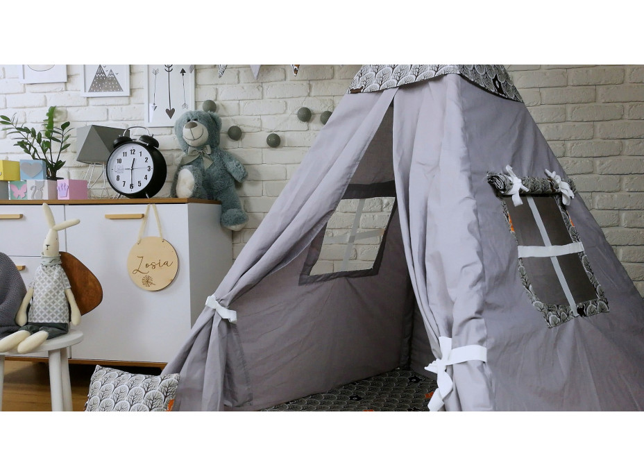 Dětský stan TEEPEE (TÝPÍ) ZIMNÍ ZVÍŘÁTKA s doplňky - šedý