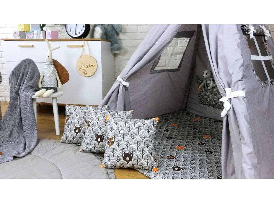Dětský stan TEEPEE (TÝPÍ) ZIMNÍ ZVÍŘÁTKA s doplňky - šedý