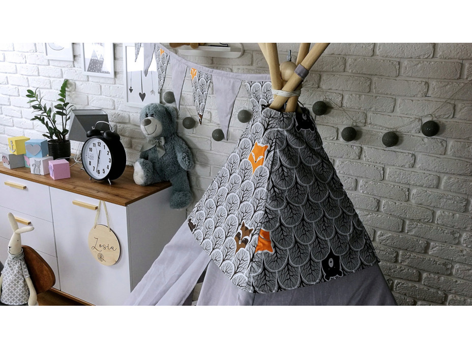 Dětský stan TEEPEE (TÝPÍ) ZIMNÍ ZVÍŘÁTKA s doplňky - šedý