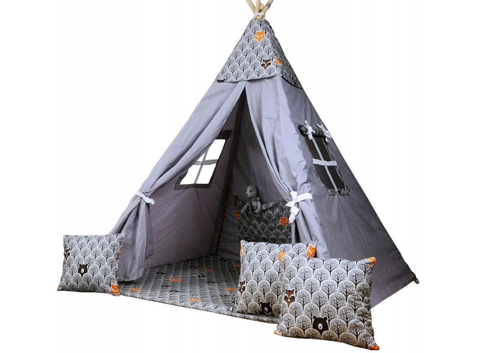 Dětský stan TEEPEE (TÝPÍ) ZIMNÍ ZVÍŘÁTKA s doplňky - šedý
