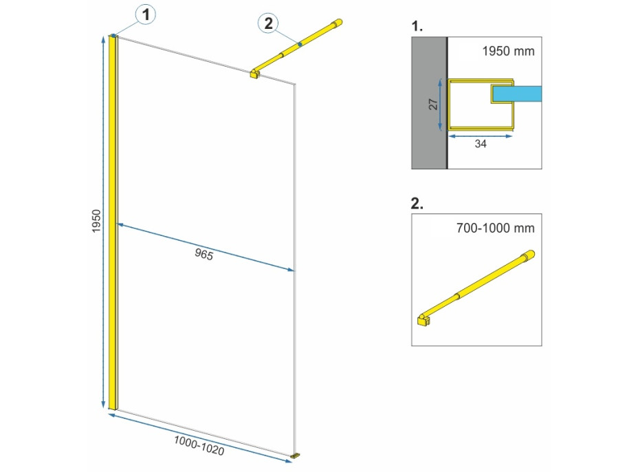 Koupelnová pevná zástěna MAXMAX Rea AERO 100 cm - zlatá - čiré sklo