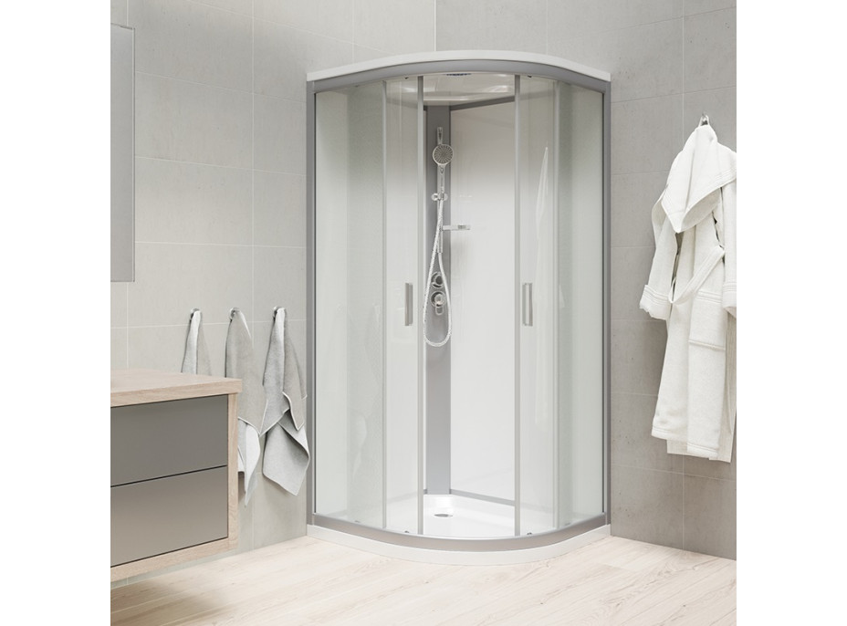 Sprchový box, čtvrtkruh, 80 cm, satin ALU, sklo Point, zadní stěny bílé, litá vanička, se stříškou
