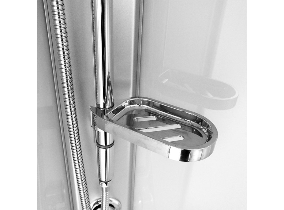 Sprchový box, čtvrtkruh, 80 cm, satin ALU, sklo Point, zadní stěny bílé, litá vanička, se stříškou