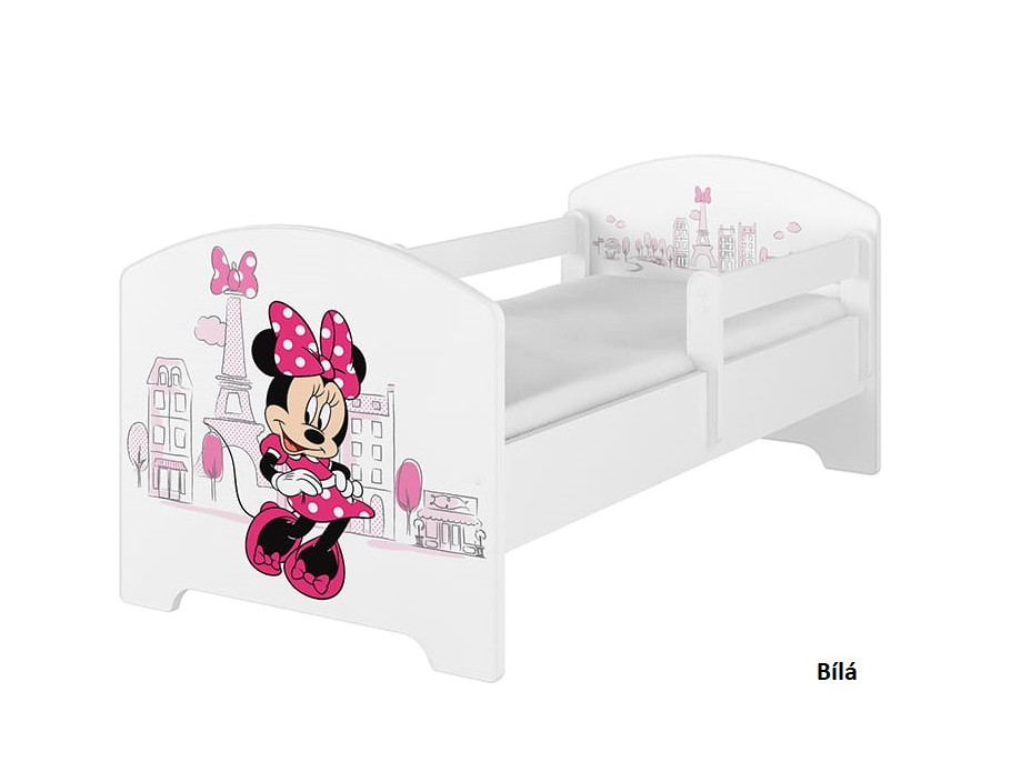 SKLADEM: Dětská postel Disney se šuplíkem - MYŠKA MINNIE PARIS 140x70 cm - norská borovice + 1 dlouhá a 1 krátká bariérka