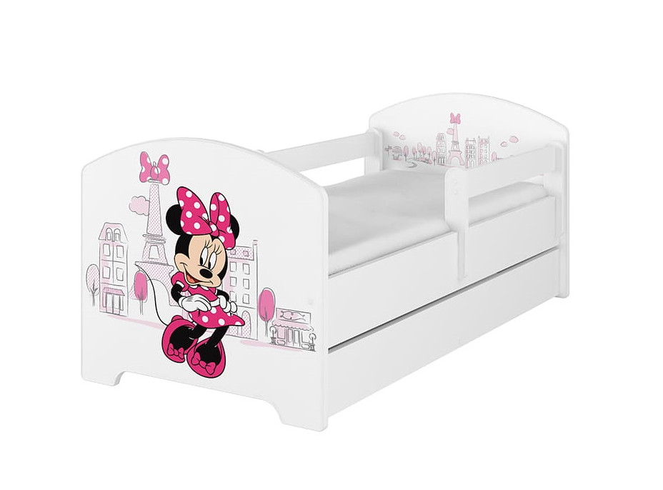 SKLADEM: Dětská postel Disney se šuplíkem - MYŠKA MINNIE PARIS 140x70 cm - norská borovice + 1 dlouhá a 1 krátká bariérka