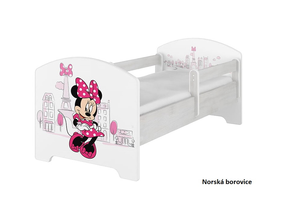 SKLADEM: Dětská postel Disney se šuplíkem - MYŠKA MINNIE PARIS 140x70 cm - norská borovice + 1 dlouhá a 1 krátká bariérka