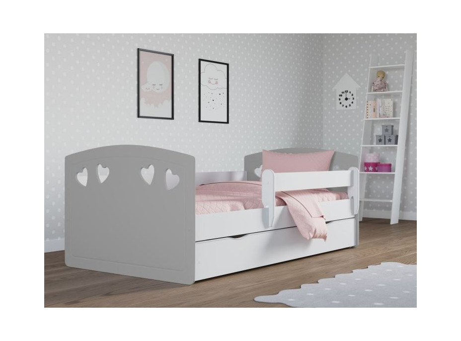 Dětská srdíčková postel JULIE se šuplíkem - šedá 160x80 cm