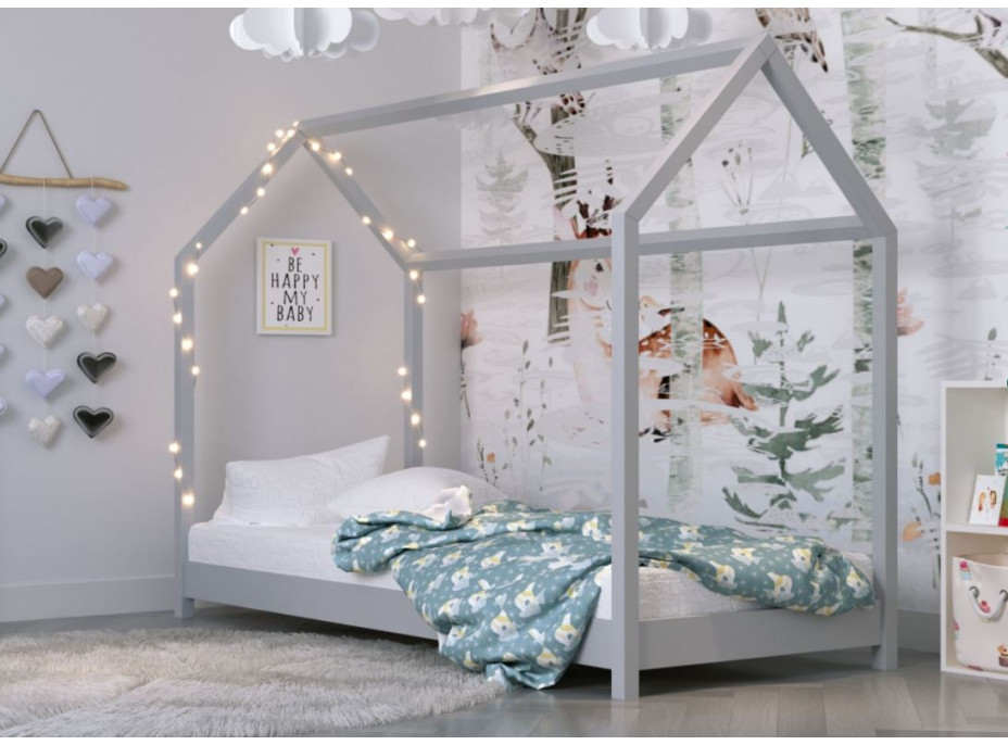 Dětská domečková postel IZABELA - šedá 200x90 cm