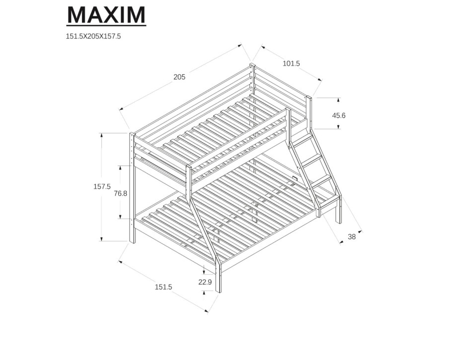 Dětská patrová postel s rozšířeným spodním lůžkem z MASIVU BUK - MAXIM 200x90cm - přírodní