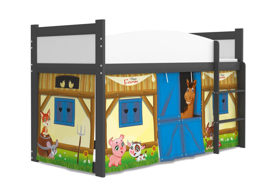 SKLADEM: Vyvýšená dětská postel TWISTER 184x80 cm - Farma - šedá/modrá + matrace