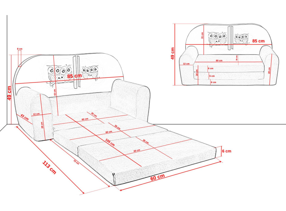 Dětská rozkládací MINI pohovka MYŠKY MINNIE - šedá