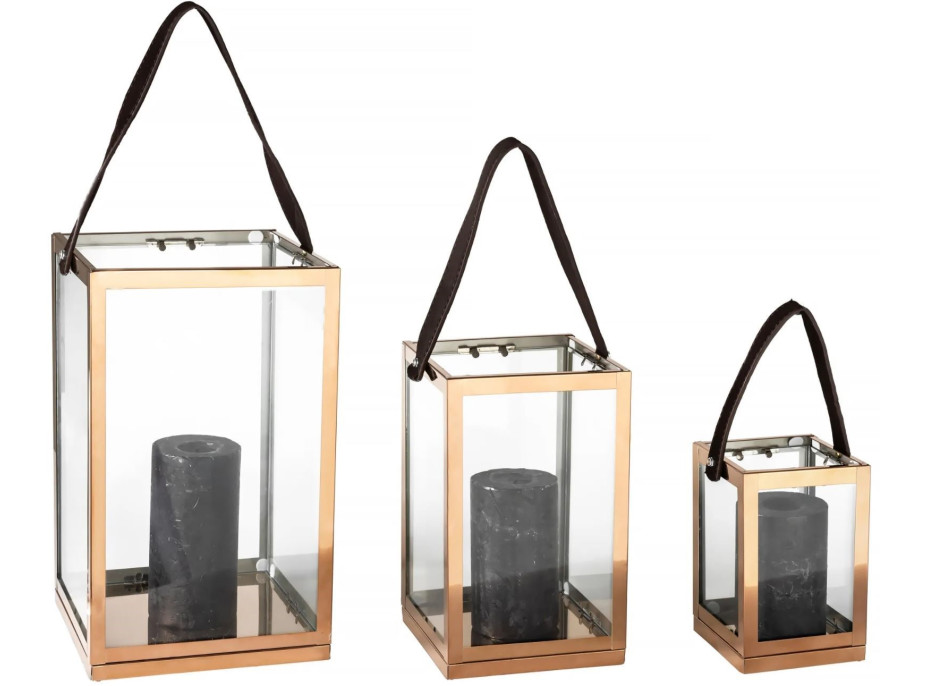 Dekorativní set 3 luceren - kov/sklo - 30 cm / 23 cm / 15 cm
