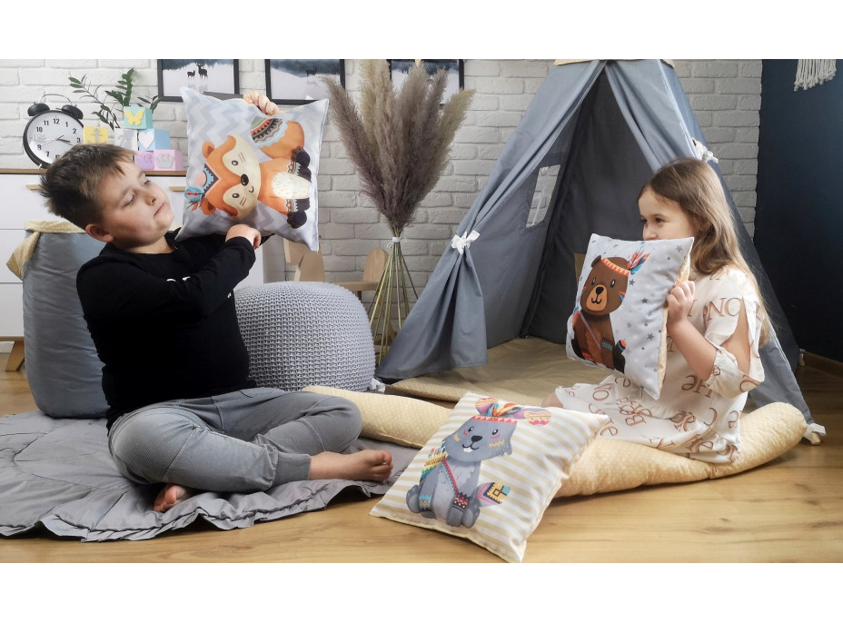 Dětský stan TEEPEE (TÝPÍ) BOHO s doplňky - šedý/béžový