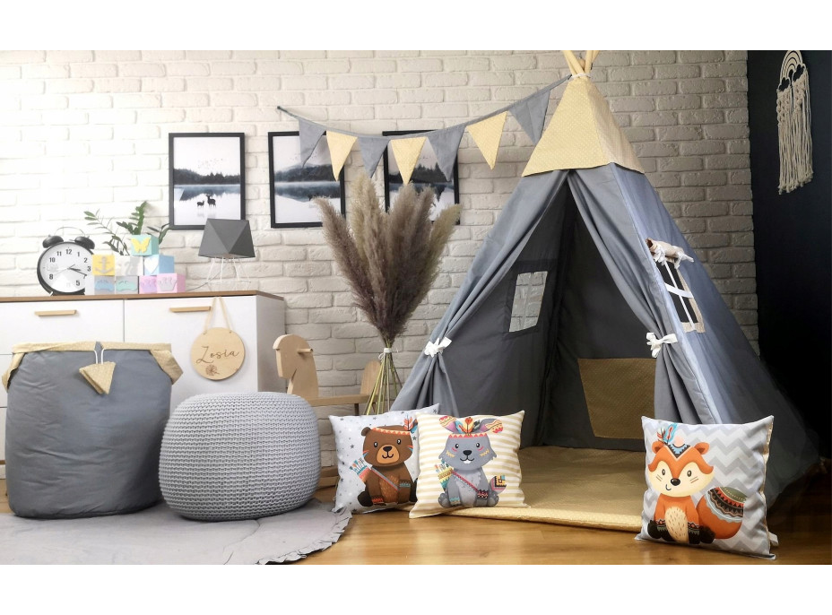 Dětský stan TEEPEE (TÝPÍ) BOHO s doplňky - šedý/béžový