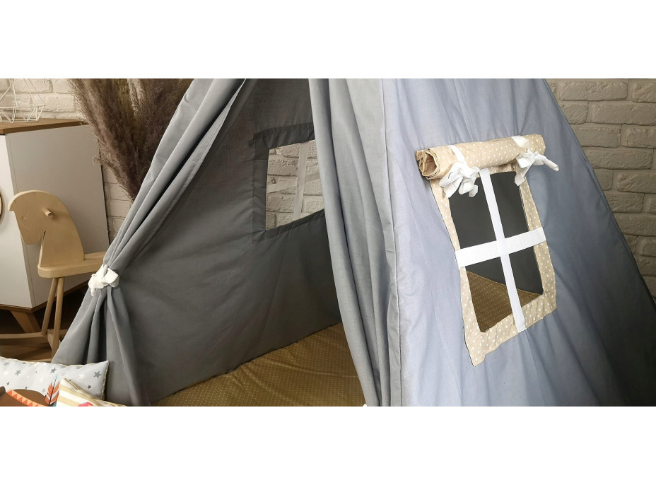 Dětský stan TEEPEE (TÝPÍ) BOHO s doplňky - šedý/béžový