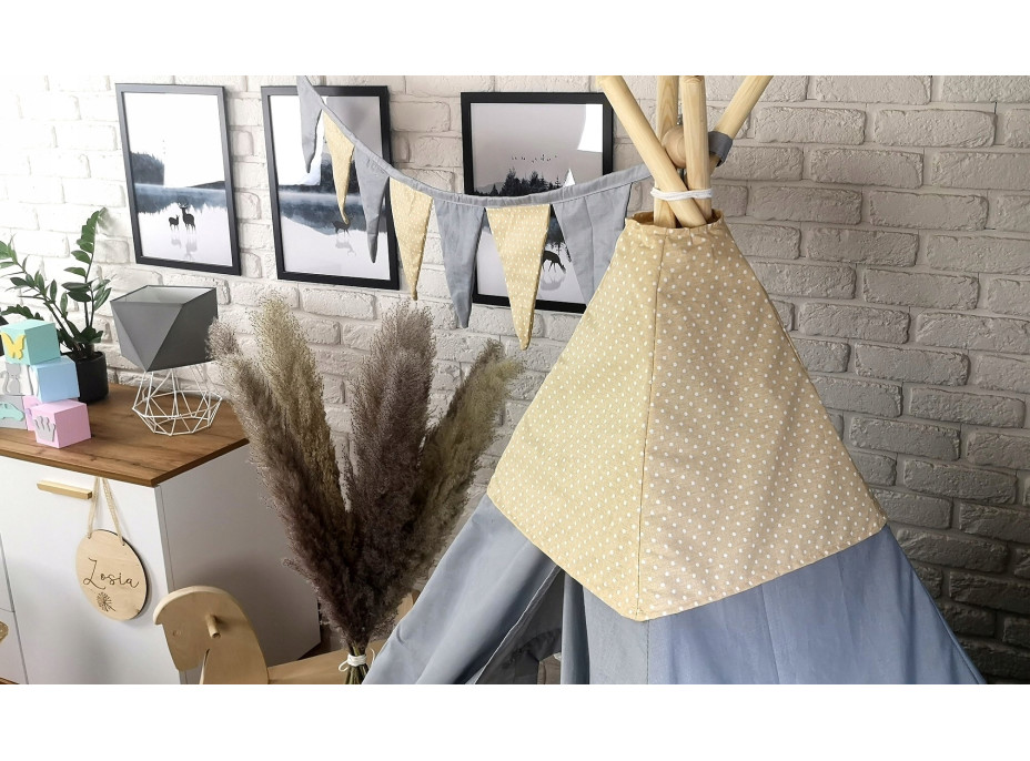 Dětský stan TEEPEE (TÝPÍ) BOHO s doplňky - šedý/béžový