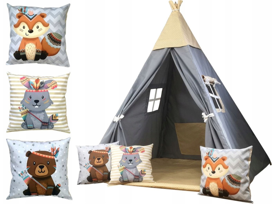 Dětský stan TEEPEE (TÝPÍ) BOHO s doplňky - šedý/béžový