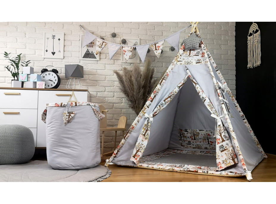 Dětský stan TEEPEE (TÝPÍ) LUXURY s doplňky - LES - šedý