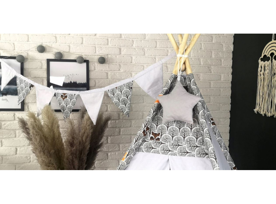 Dětský stan TEEPEE (TÝPÍ) LUXURY s doplňky - ZVÍŘECÍ PARTIČKA - šedý