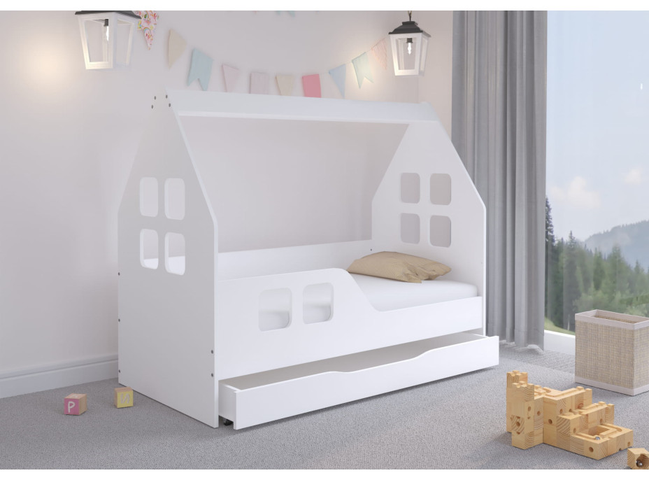Dětská domečková postel KIDHOUSE se šuplíkem - bílá - levá - 140x70 cm