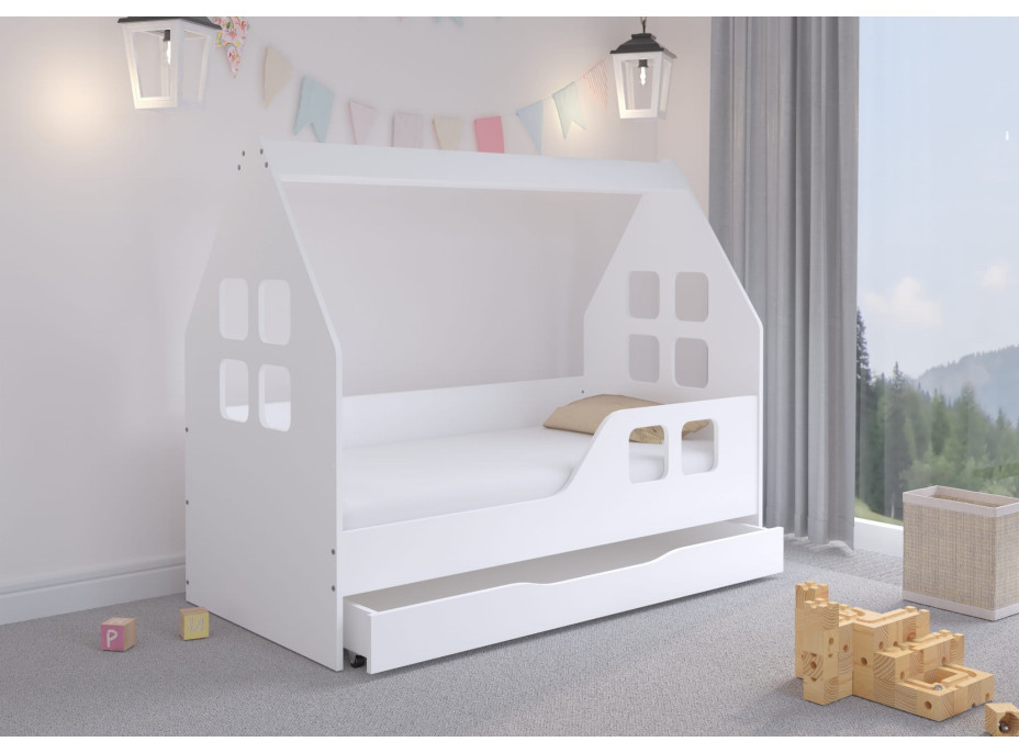 Dětská domečková postel KIDHOUSE se šuplíkem - bílá - pravá - 140x70 cm