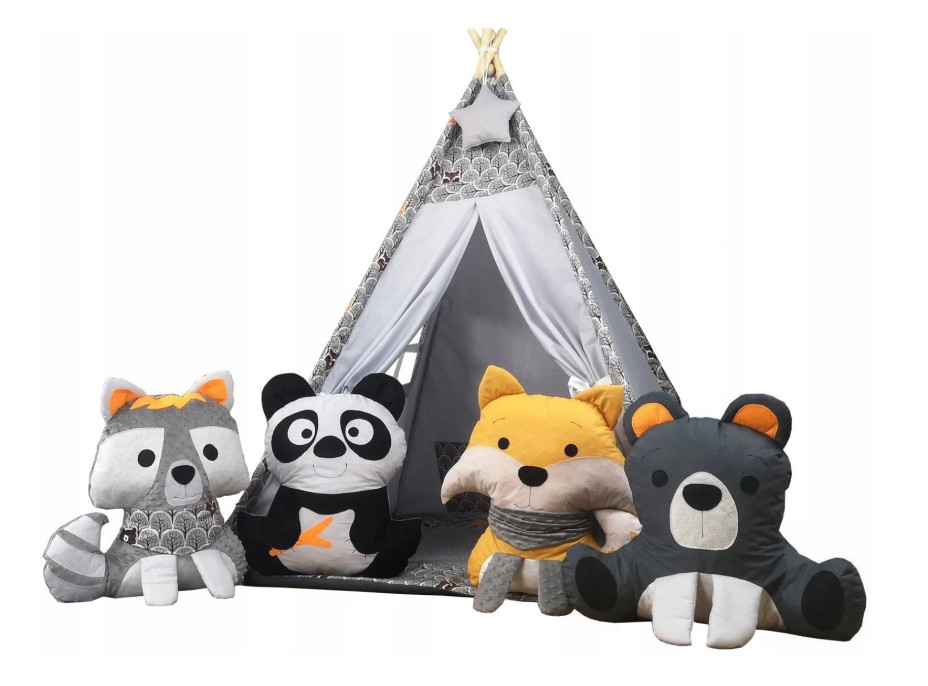 Dětský stan TEEPEE (TÝPÍ) LUXURY s doplňky - ZVÍŘECÍ PARTIČKA - šedý