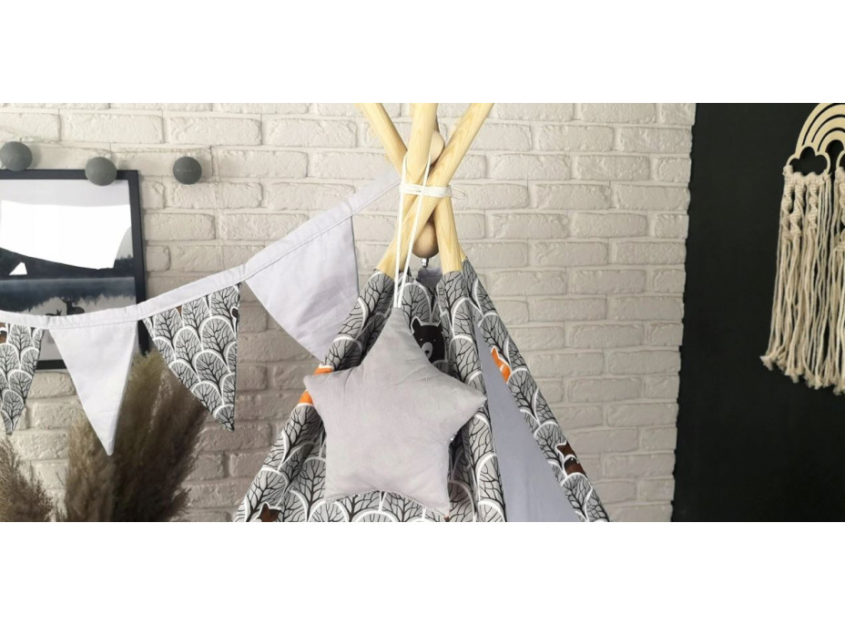 Dětský stan TEEPEE (TÝPÍ) LUXURY s doplňky - ZVÍŘECÍ PARTIČKA - šedý