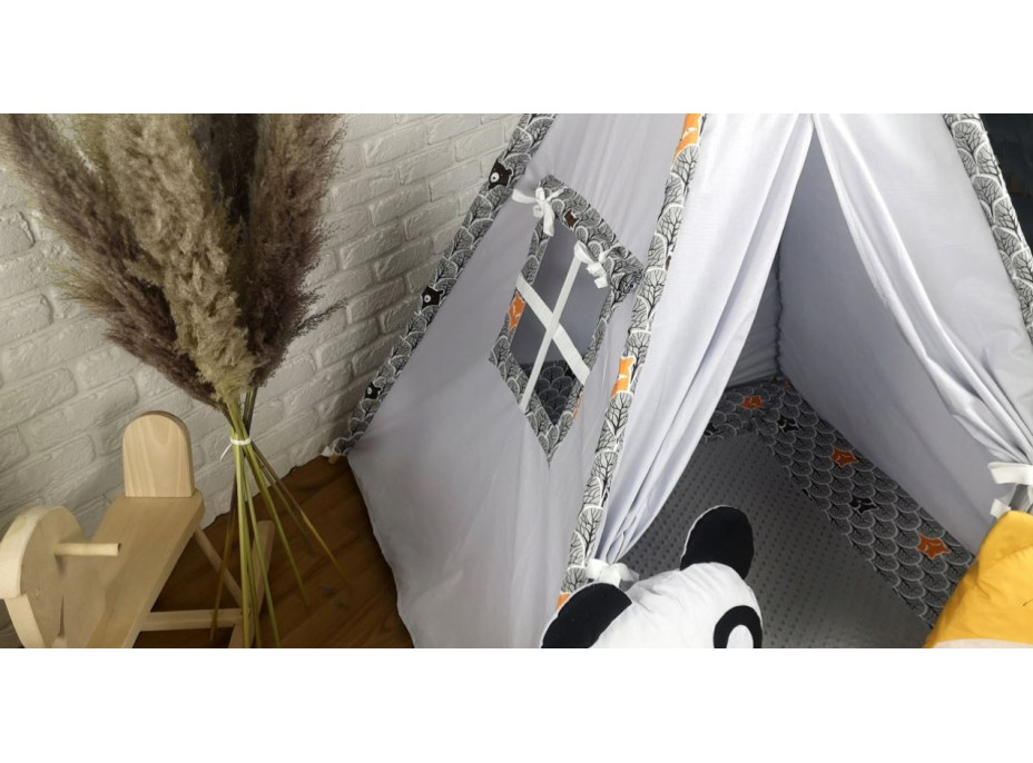 Dětský stan TEEPEE (TÝPÍ) LUXURY s doplňky - ZVÍŘECÍ PARTIČKA - šedý