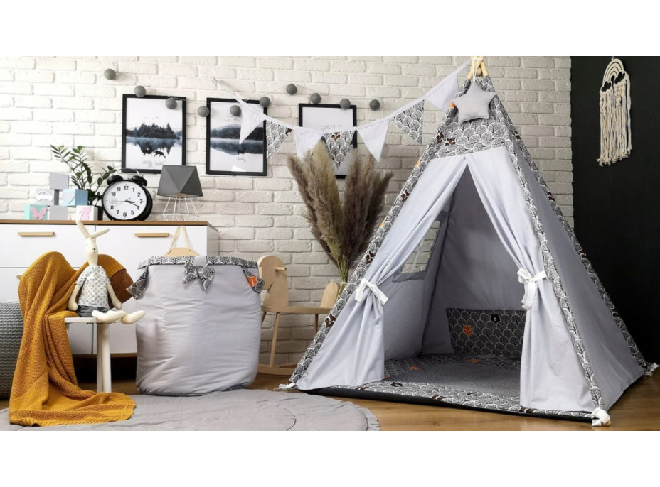 Dětský stan TEEPEE (TÝPÍ) LUXURY s doplňky - ZVÍŘECÍ PARTIČKA - šedý
