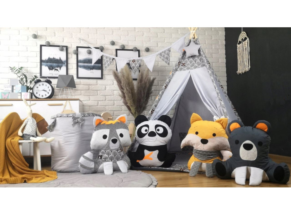 Dětský stan TEEPEE (TÝPÍ) LUXURY s doplňky - ZVÍŘECÍ PARTIČKA - šedý