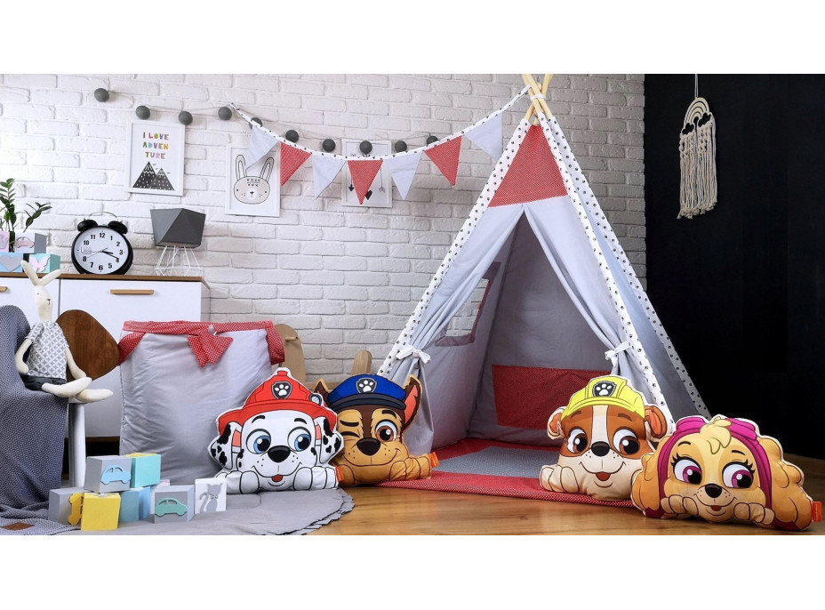 Dětský stan TEEPEE (TÝPÍ) LUXURY s doplňky - TLAPKOVÁ PATROLA - šedo/červený