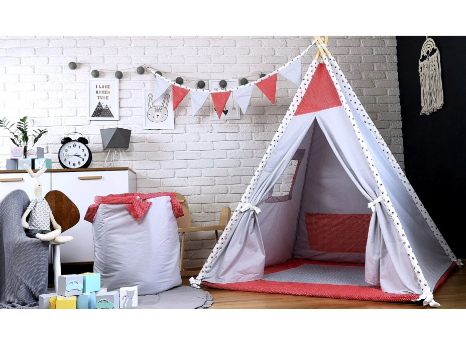 Dětský stan TEEPEE (TÝPÍ) LUXURY s doplňky - TLAPKOVÁ PATROLA - šedo/červený