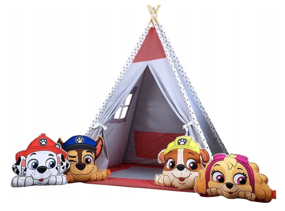 Dětský stan TEEPEE (TÝPÍ) LUXURY s doplňky - TLAPKOVÁ PATROLA - šedo/červený