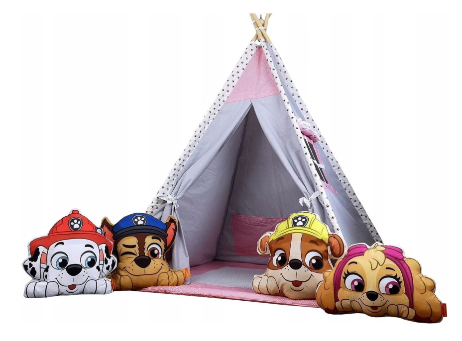 Dětský stan TEEPEE (TÝPÍ) LUXURY s doplňky - TLAPKOVÁ PATROLA - šedo/růžový